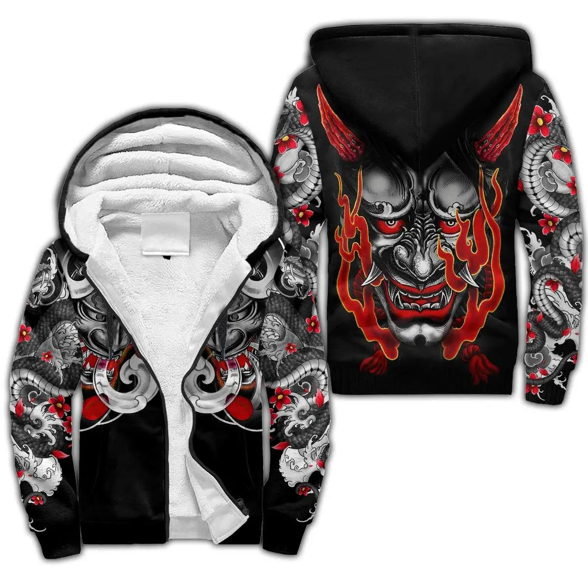 Samurai and Dragon Tattoo Pattern 3D Printed Winter Thicker Zip Hoodie Unisex Casual Hooded Tracksuit Warm Fleece Jacket KD05
