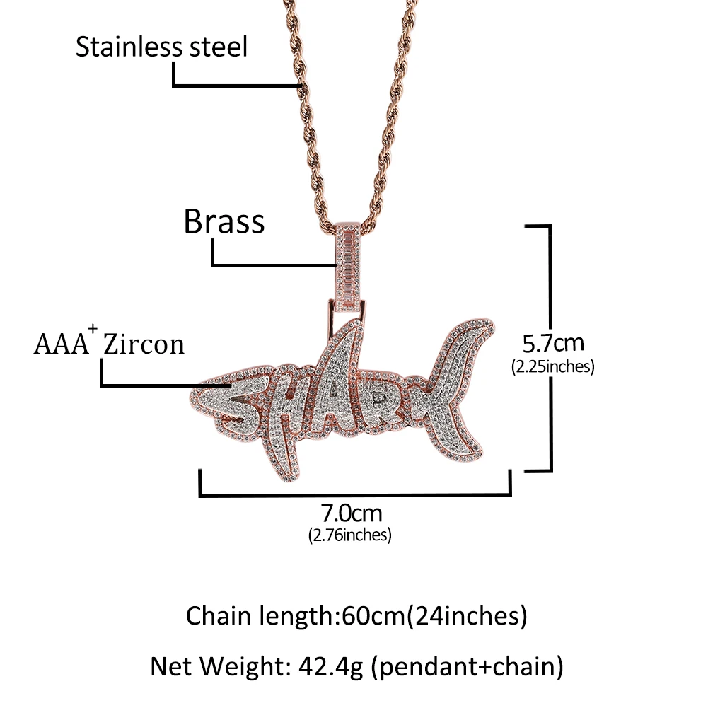 UWIN SHARK Pendant Necklace for Women Men Iced Out Bling Cubic Zirconia Charms Rose Gold Silver Color Fashion Hip Hop Jewelry