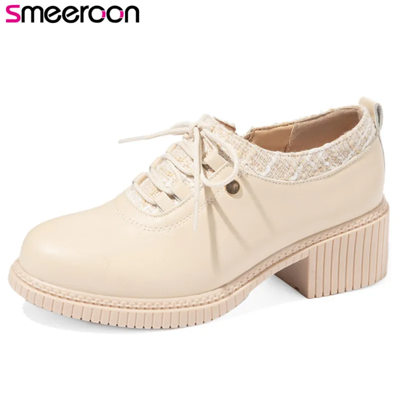 

Smeeroon 2021 Hot Sale Single Shoes Women High Heels Classic Casual Shoes Round Toe Pu Lace Up Zip Thick Heel Women Pumps