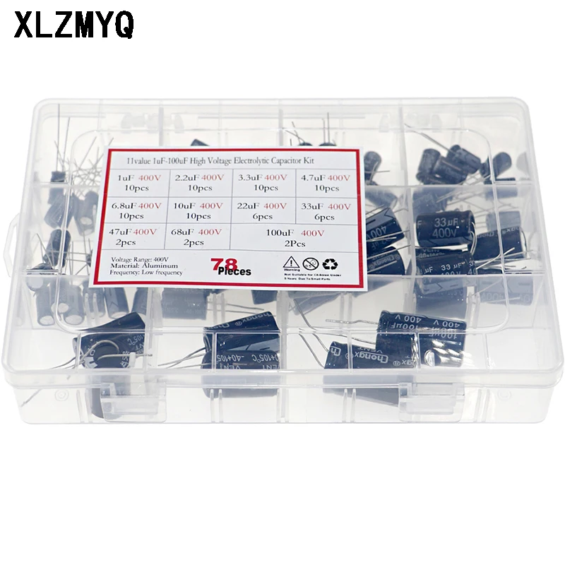 78pcs 1uF -100uF 400V High Voltage Aluminum Electrolytic Capacitor Assortment Kit 2.2uf/3.3uf/4.7uf/10uf/22uf/33uf/47uf/68uf