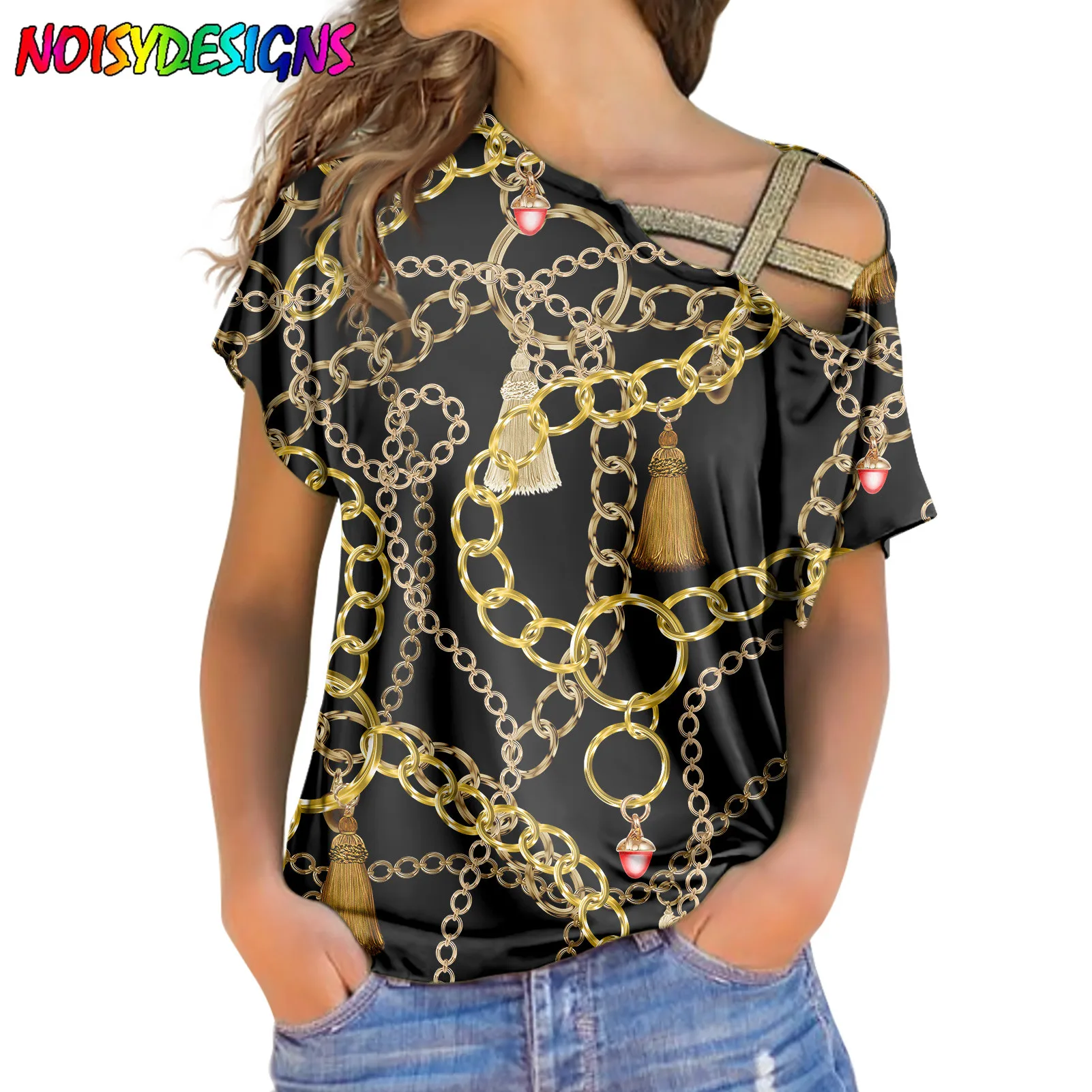 

NOISYDESIGNS Euporean Golden Chain Flowers Printed Women Daily Loose T-shirt Skew Collar Hollow Out Short Sleeve Top Streetwear