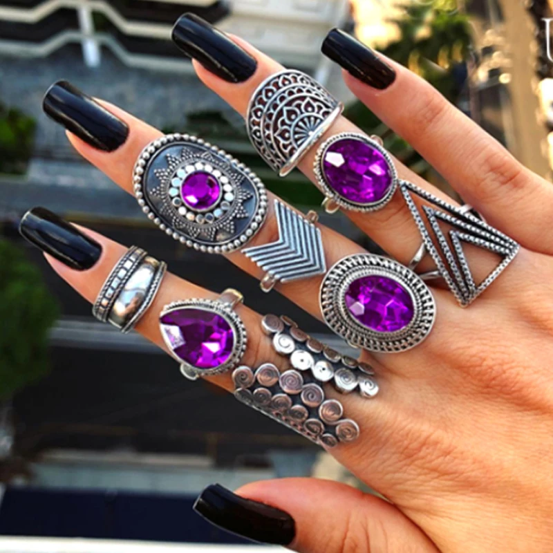 Tocona 9pcs/set Punk Silver Color Crystal Gem Stone Carved Flower Rings Set for Women Vintage Boho Gothic Jewelry Anillos 8261