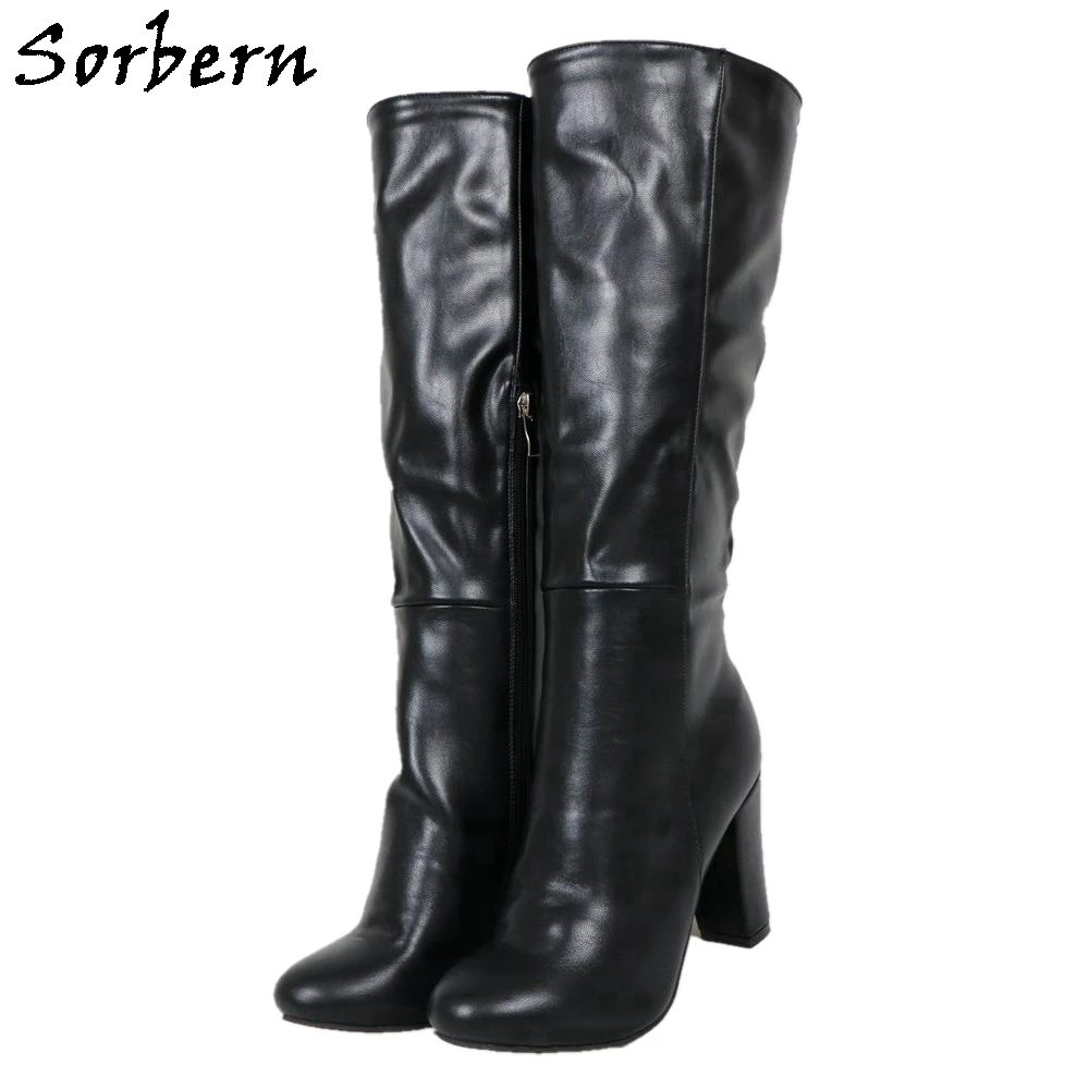 Sorbern stivali alti al ginocchio neri da donna tacchi quadrati punta tonda Botas Mujer 2019 stivali con mezza cerniera stivali Color Cutsom