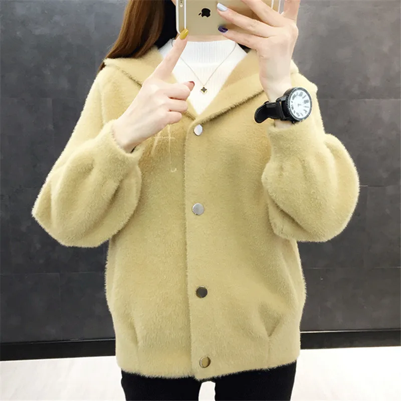 Autumn Winter Thick Warm Hooded Faux Mink Cashmere Sweater Women Outwear Loose Short Cardigan 6 Color Korean Jacket Coat Female