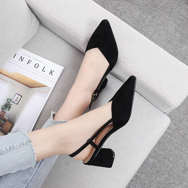 Sexy word buckle sandals women 2020 summer new Flock Buckle Strap 6CM Thick High Heels Pointed Toe Shallow Back Strap shoes