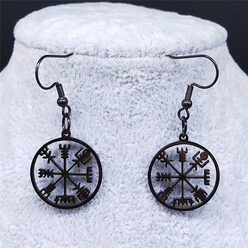 Viking Vegvisir Compass Stainless Steel Earrings Women Nordic Runes Odin Celts Ethnic Jewelry boucles d oreille femme E1712-2S03