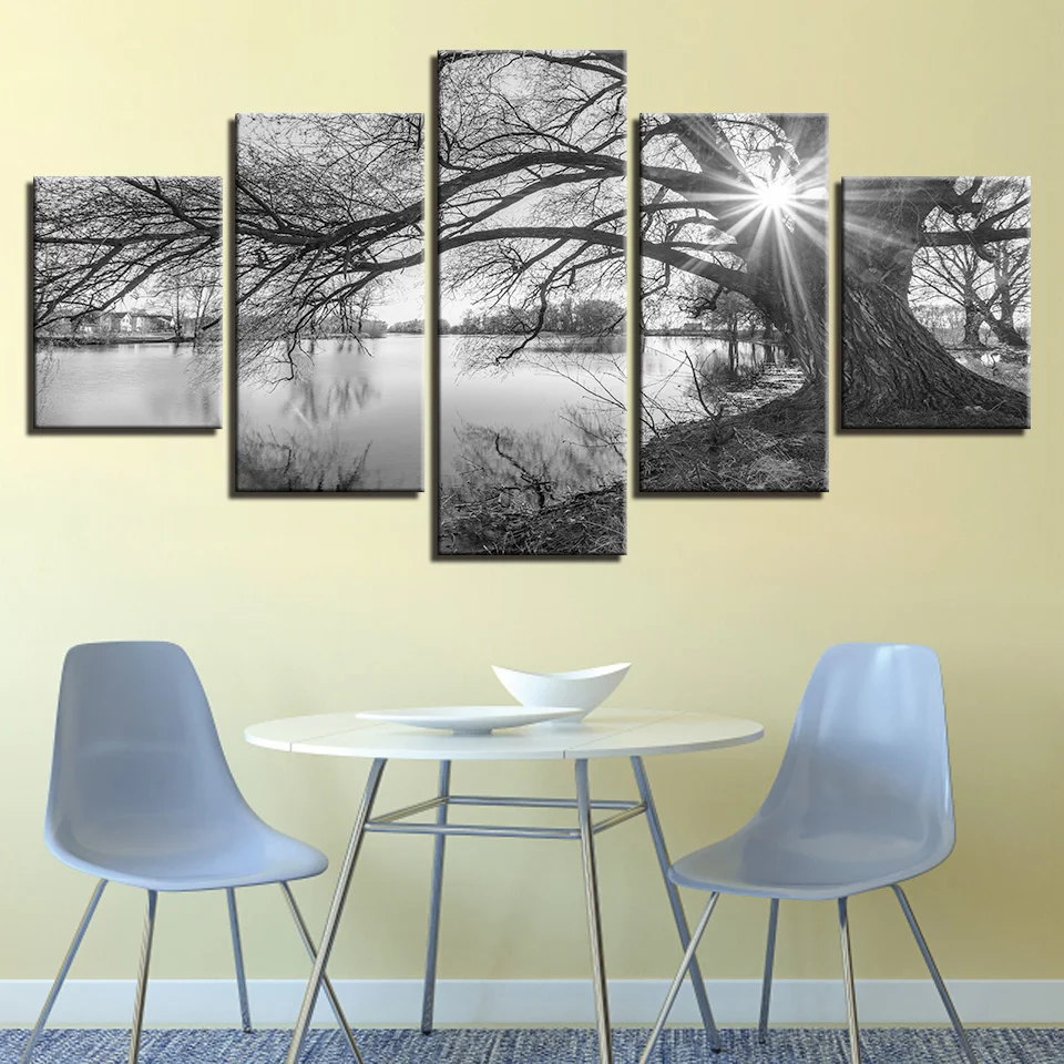 Canvas Pictures for Living Room Wall Art Poster Framework Lake, Big Trees, Painting Black and White Landscape, Home Decor, 5 PCs