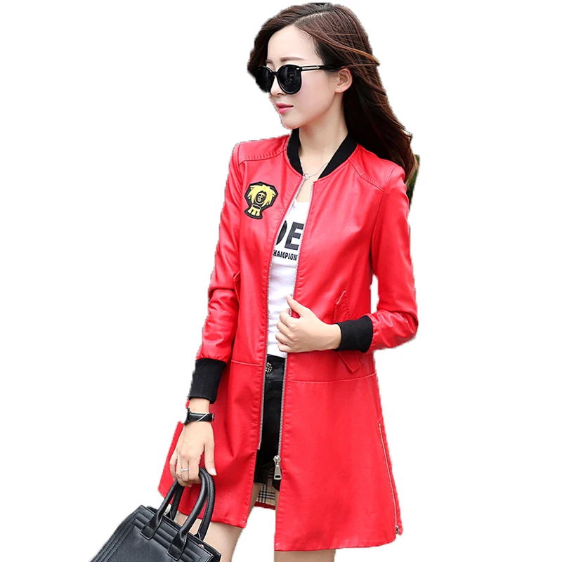 Faux Baseball Jacket Sheepskin Coat New Red Women's Leather Jacket Women Medium Long Black Leather Jackets Women's Coats