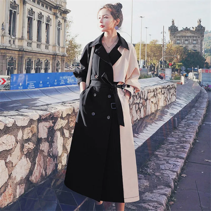 2023 Chic Women's Color Matching Windbreaker Spring Fall Korean Loose Long Overcoat Loose  British Trench Coat With Belt 2188