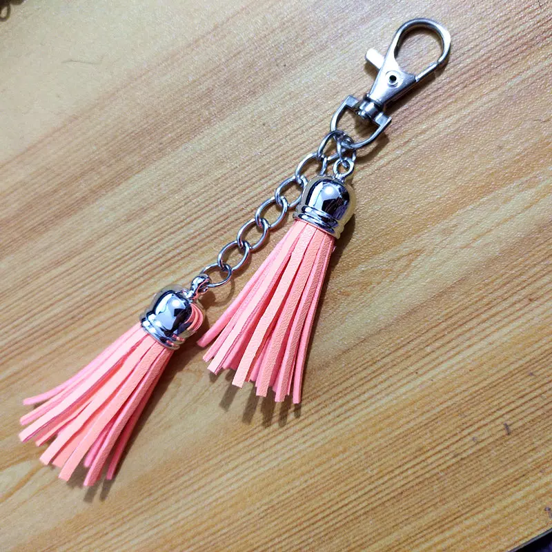 Silver Leather 2 Tassel Key Chain PU Leather Tassel Key Rings Carabiner Morning Glory Design Key Holder Charming Pendant Gifts