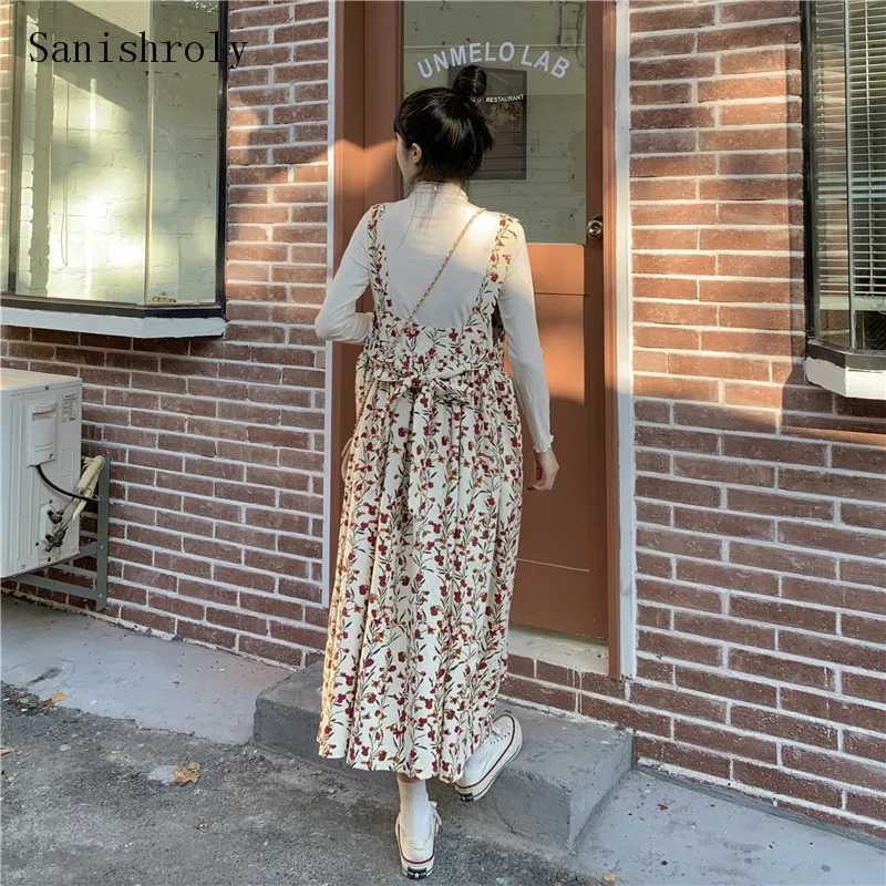 Floral Print Tank Dress French Retro Women Spring Bandage Bow Sleeveless Corduroy Dress High Waist Pleated Long Fairy Dresses