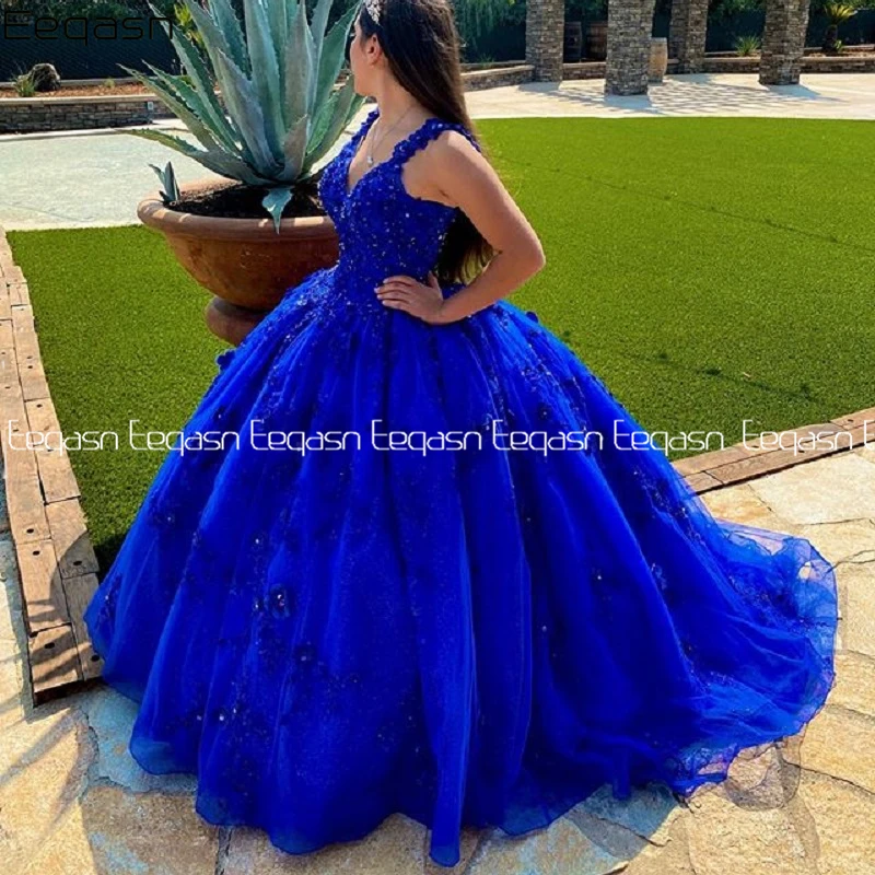 Eeqasn Gaun Pengantin Putri Quinceanera Gaun Mengkilap Renda Appliqued Royal Blue Sweet 16 Gadis Formal Prom Gaun 2020 Kontes