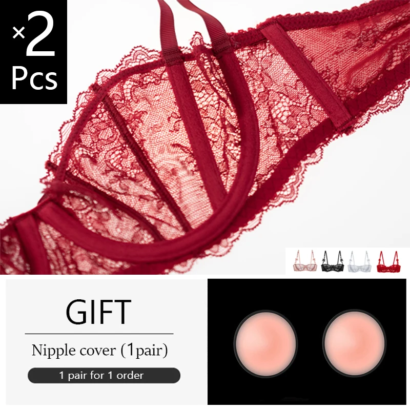 2 Pieces Female Sexy Lingerie Plus Size Half Cup Bras For Women Transparent Underwire Push Up Lace Brassiere Top A B C D E Cup