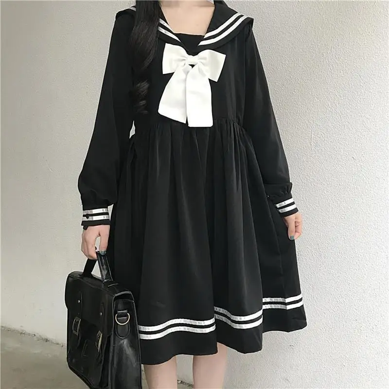 

HOUZHOU Black Lolita Dress Women Bow Patchwork Loose Japanese Preppy Style Sailor Collar Kawaii Long Sleeve Dress Jk Girl Outfit