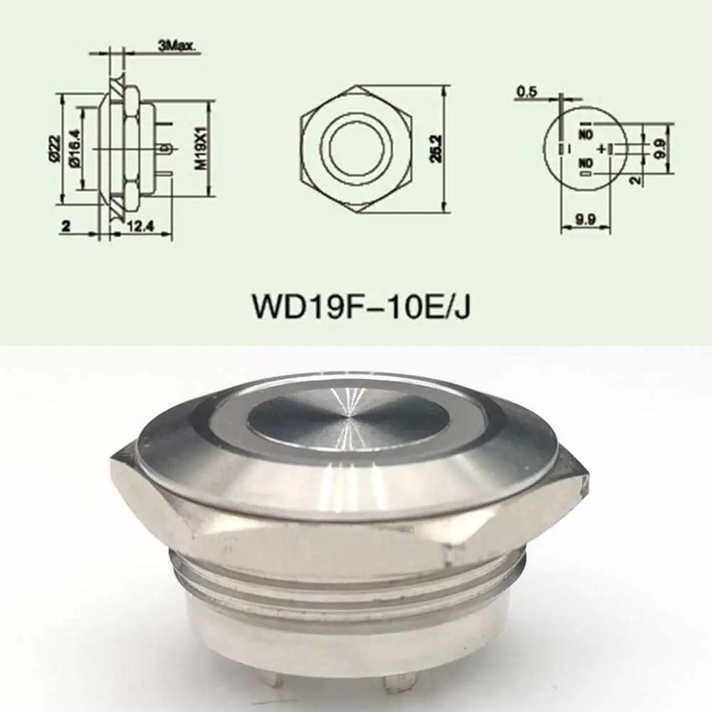 Yueshun 19mm Momentary Short body Metal Push Button Light Switch 12volt 24volt Ring LED IP67 Normal Open