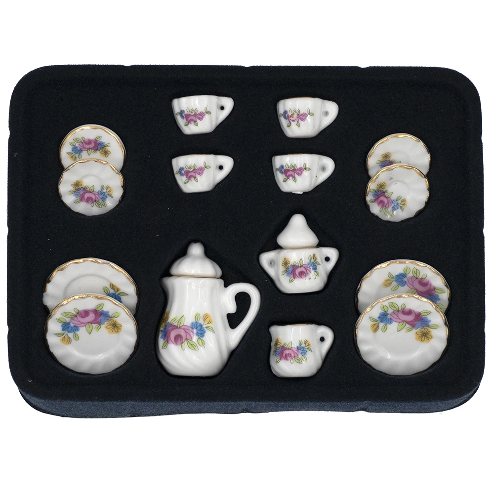 15Pcs 1/12 Dollhouse Miniature Accessories Mini Ceramics Tea Set Simulation Kettle Plate Cup Model Toys Doll House Decoration