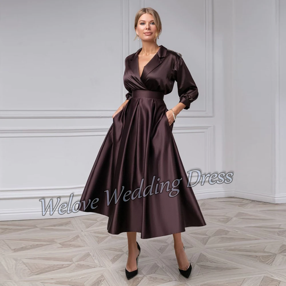 Robe De soirée en Satin pour femmes, tenue De soirée élégante, longueur avec manches, poches, Simple, grande taille