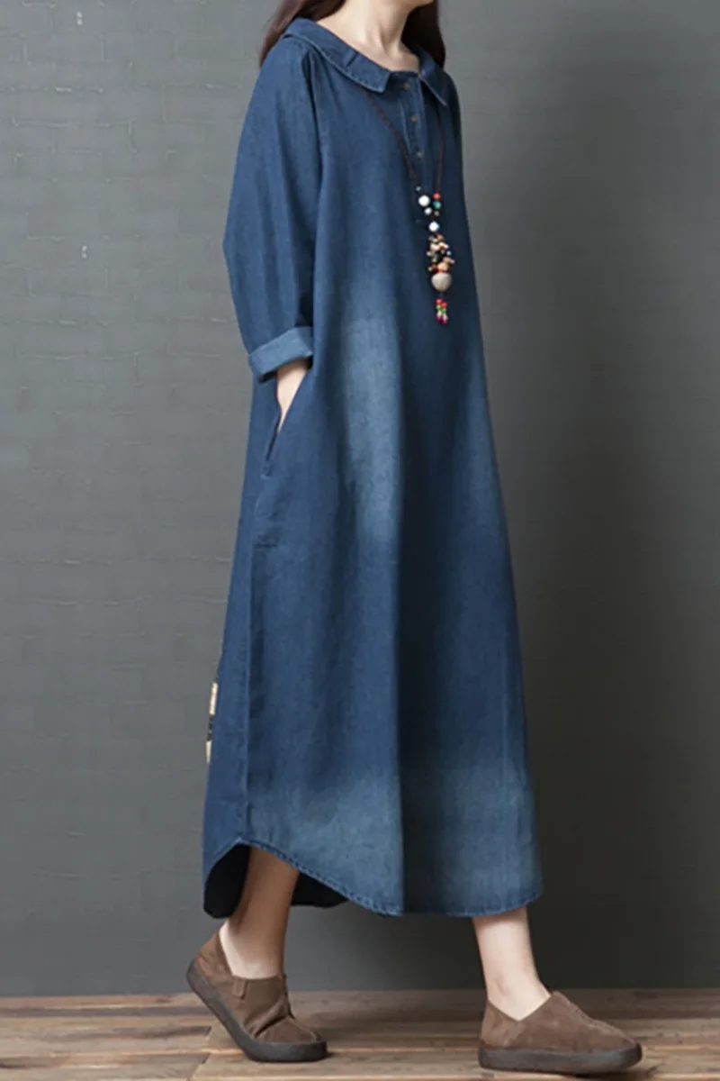 Pregnant woman autumn spring New Denim Long Dress 2021 Loose Turn-down collar Long Sleeve Cotton Blue Maternity Dress