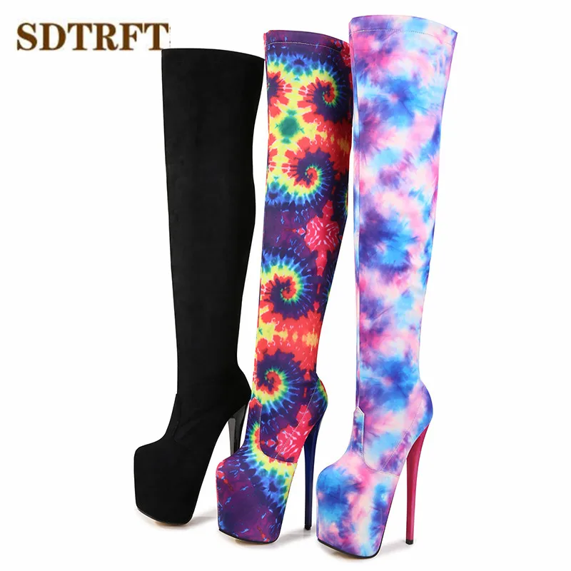 SDTRFT pole dancing 20cm thin heels Stiletto over the knee long boots platform women pumps ladies Elastic Fabric Side Zip shoes