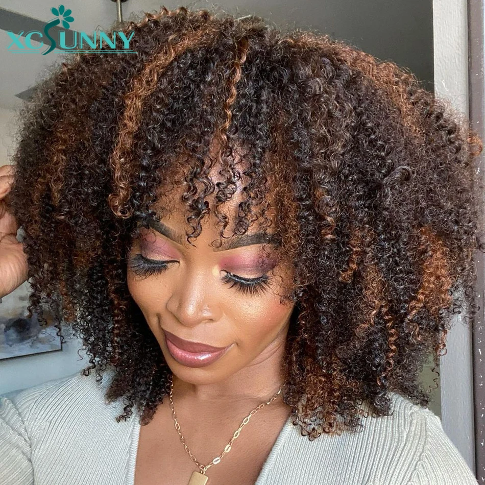 Afro Kinky Curly Highlight Wig Human Hair Colored O Scalp Top Full Machine Made Wig With Bangs Remy Brazilian 18