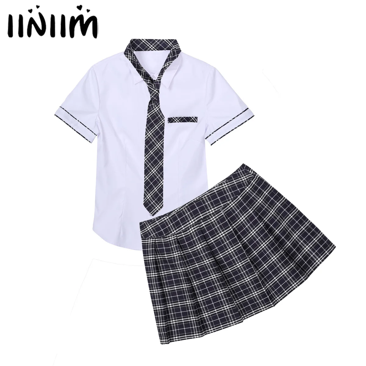 Womens Schoolgirls Cosplay Exotic Costume Japanese Uniform Ladies Clubwear Shirt with Plaid Skirt Tie Anime Role Play Dress Up