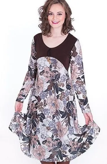 Young woman dress, long-sleeved, elastic knit fabrics, Brown print skirt, round neckline. Free