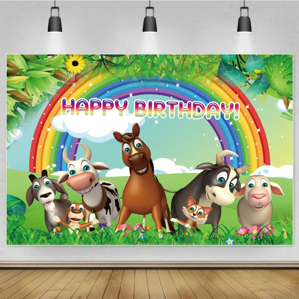 Laeacco Cartoon Farm Jungle Wild Animal Safari Theme Happy Birthday Party Poster Rainbow Photo Backdrop Photography Background