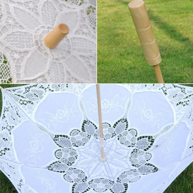 Koronkowy Parasol ślubny Parasol ślubny do fotografii PropsDecoration z drewnianą rączką biały beż kolor