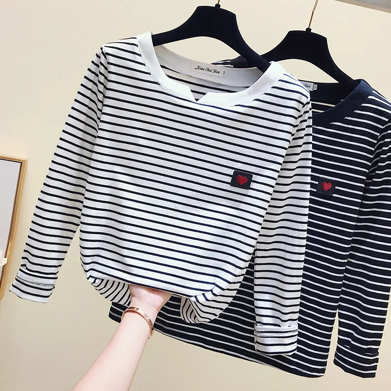 2022 Women Striped T Shirts Long Sleeve 95% Cotton Tops Casual Women Autumn T Shirts Tops Women TopsPull Femme