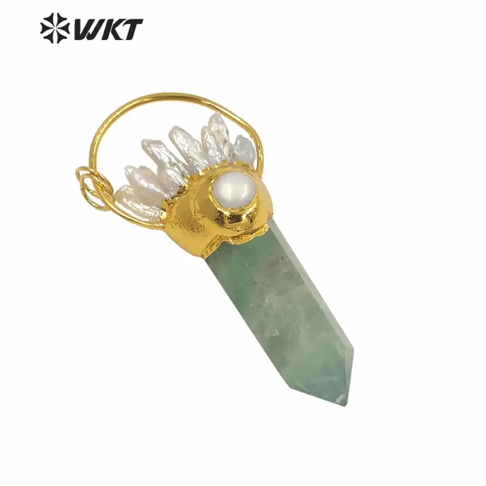 

WT-P1583 Women Uqiue Pearl Charm Fluorite Pendant Natural Rainbow Spirit Quartz Point Pendant For Lady Necklace