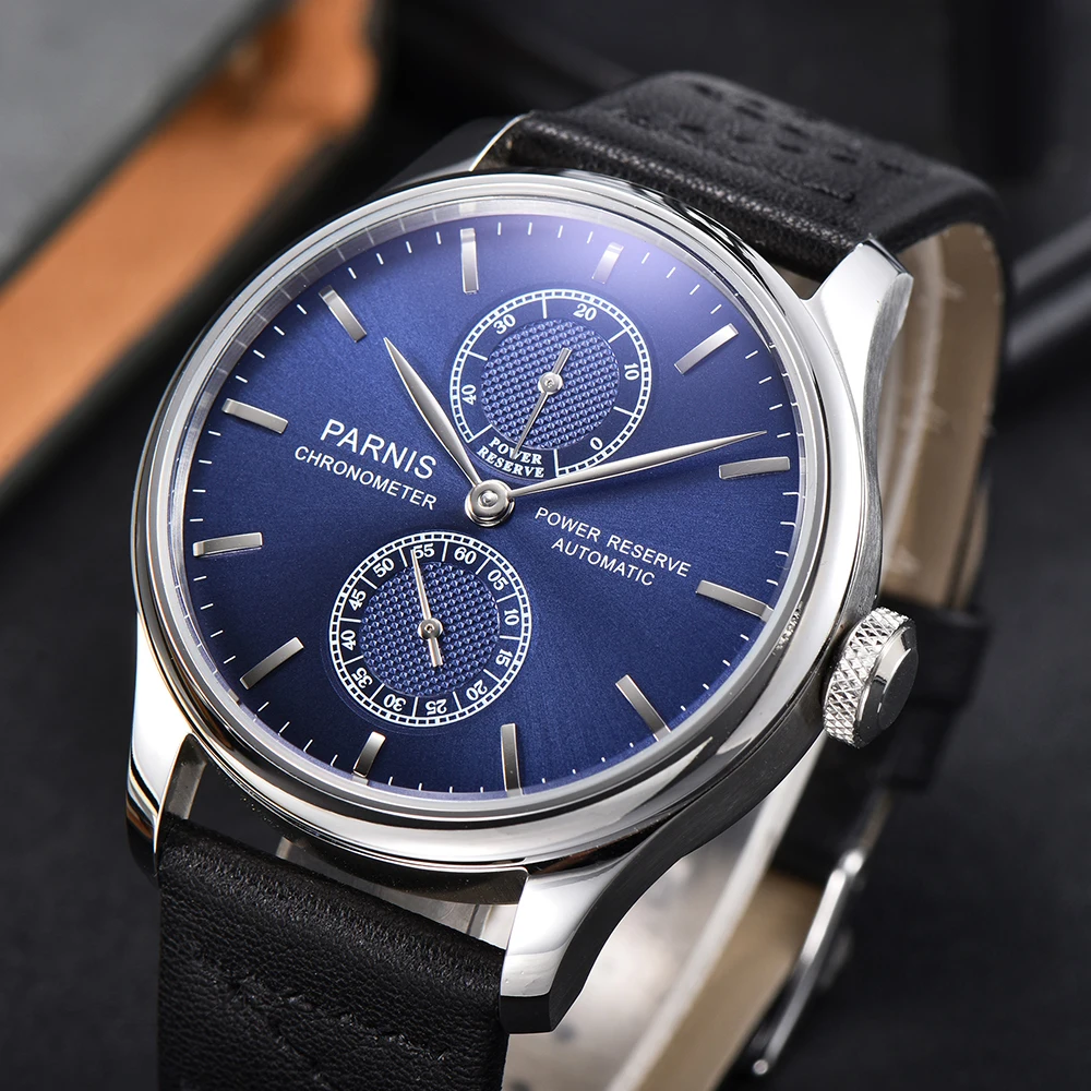 

New Fashion Parnis 43mm Blue Dial Automatic Men's Watch Power Reserve Mechanical Watches Black Leather Strap Men Wristwatch Gift