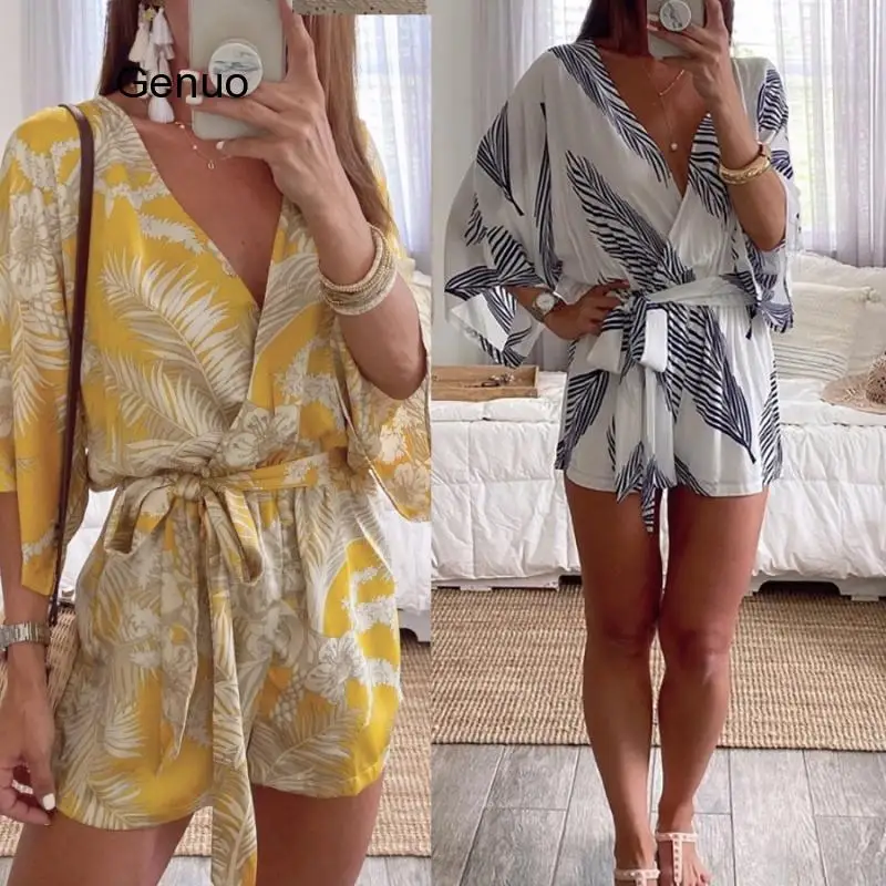 Women Summer Sexy Deep V Neck Playsuit Ladies Print Long Sleeve Loose Shirt Jumpsuit Fashion Female Romper Blouse Romper