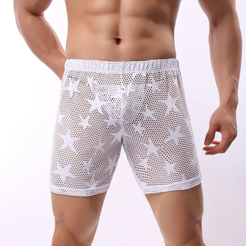 Mens Sleep Bottomsตาข่ายBreathableโปร่งใสชุดนอนสบายๆกางเกงหลวมHomewear Calzoncillos Hombreนักมวยกางเกงขาสั้นสวมใส่