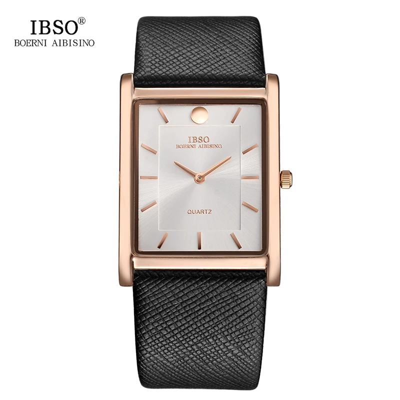 IBSO 7 MM Ultra-thin Square Case Design Mens Watches Genuine Leather Strap Fashion Luxury Quartz Watch Men Business Clock