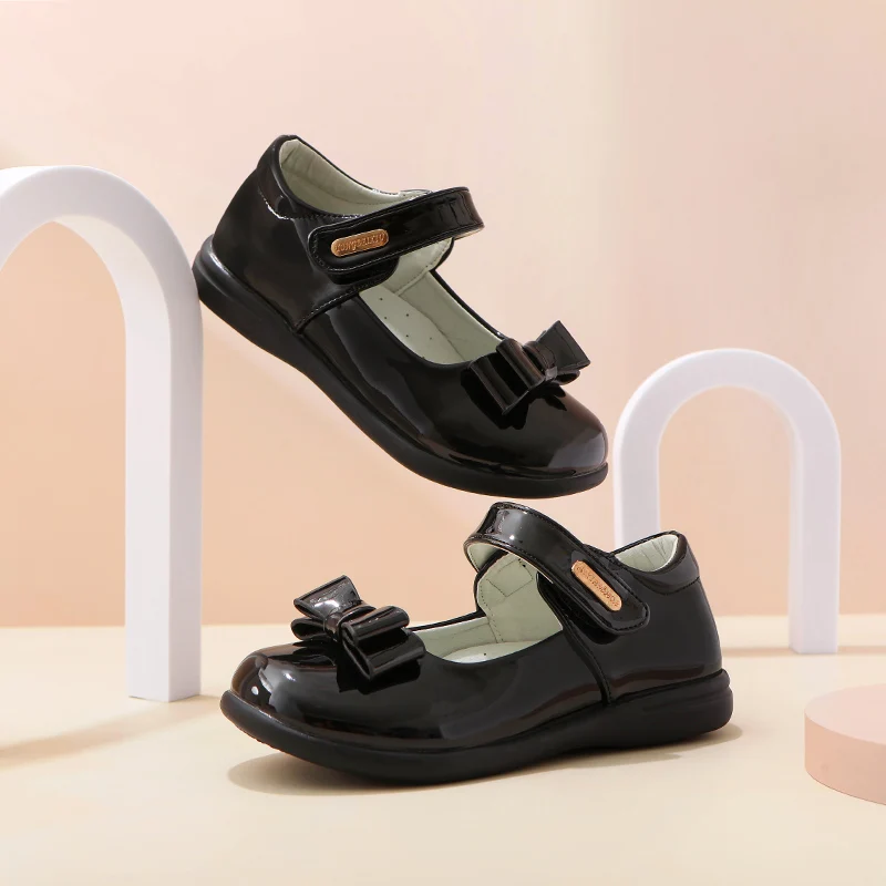 Chaussures en cuir PU avec nœud papillon pour enfants, chaussures d'école princesse pour tout-petits, bébé fille, fête des lettres, nouveau, noir