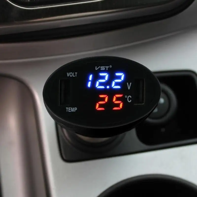 3in1 12V/24V Car Digital Voltmeter Auto Dual USB Car Charger Temperature Volt Meter Gauge