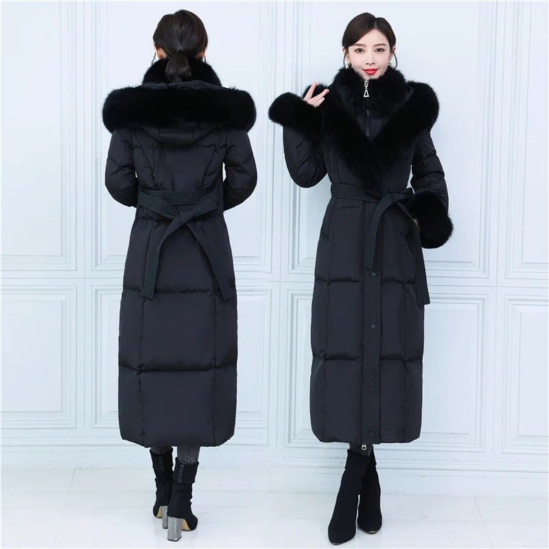 Русский теплый меховой пуховик Fit -30℃ cold Winter Thicker Longer Duck Down Coats Female Large Real Fox Fur Hooded Parkas wy431