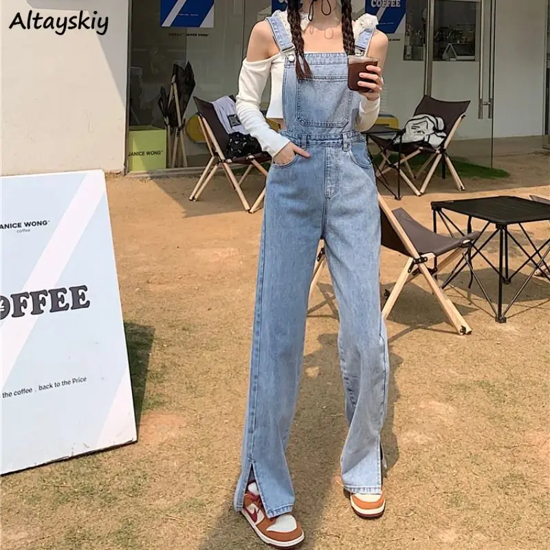 

Side-slit Jumpsuits Women Design Button Denim Jumpsuit Loose Wide-leg Trousers Mopping High Street Mujer Ulzzang Chic Suspenders