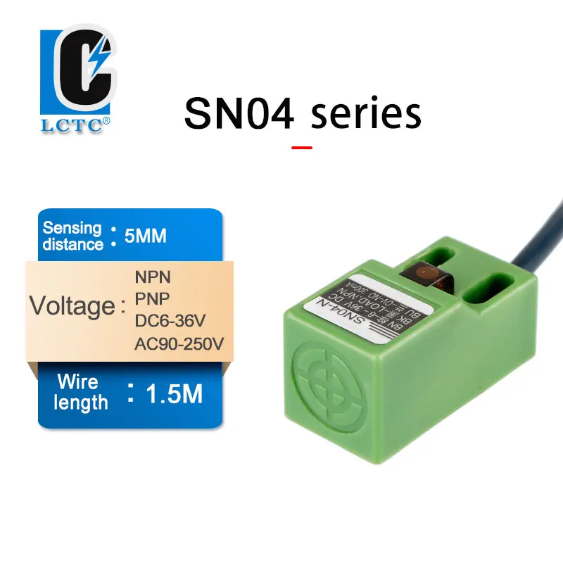 SN04, response time less than 2ms, inductive, proximity switch, PNP/NPN, DC 6V-36V, AC 90-250V, distance: 5mm, waterproof