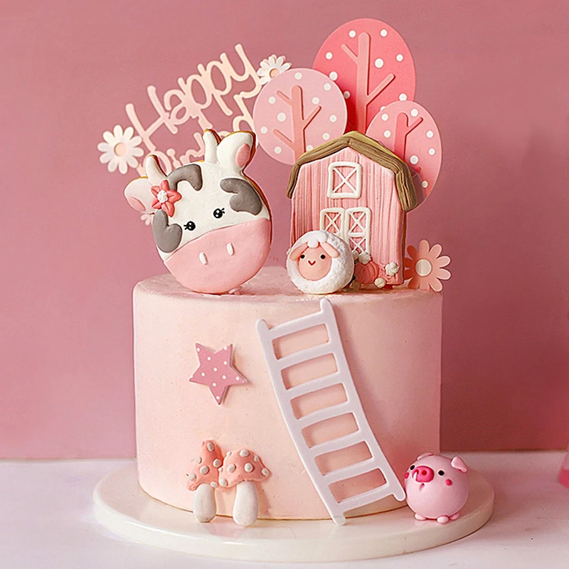 

Farm Animal Cake Decoration Cows Sheep Pig Acrylic Ladder Happy Birthday Flags Cake Topper For Baby Shower Birthday Party Decor