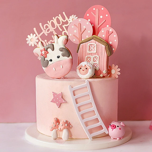 Zwierząt gospodarskich narzędzie do dekoracji ciast krowy owca świnia drabina akrylowa wszystkiego najlepszego z okazji urodzin flagi ozdoba na wierzch tortu na Baby Shower dekoracje na przyjęcie urodzinowe