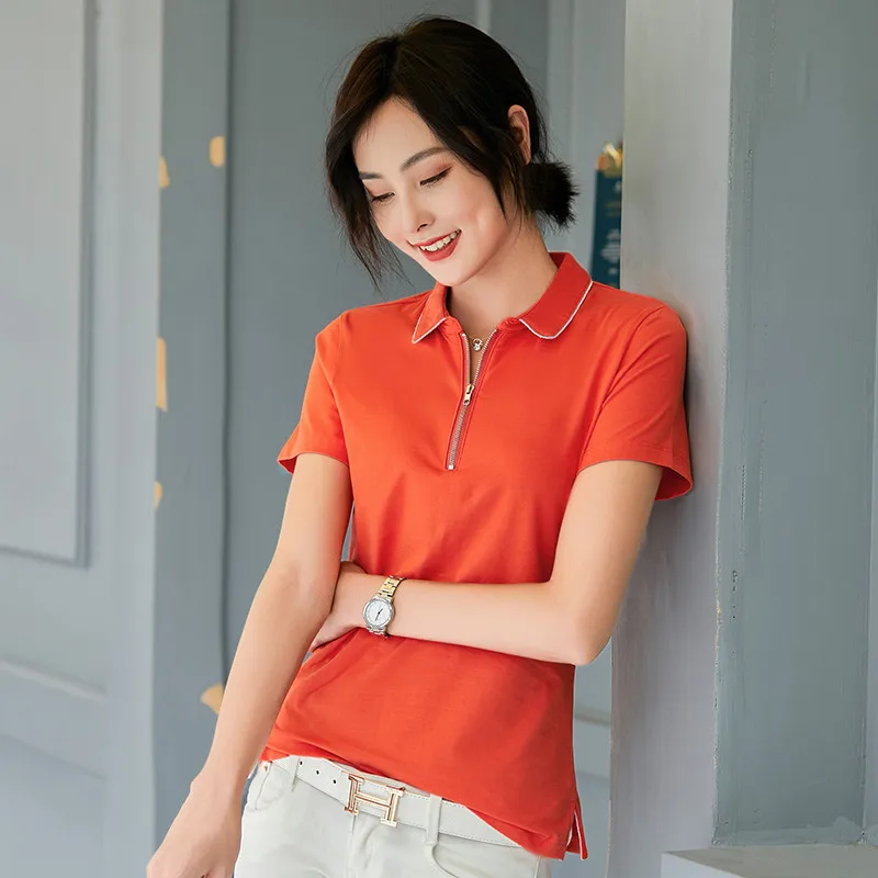 2023 Summer New Polo Shirt Women\'s Short-sleeved Lapel Shirt Zipper Solid Color All-match Slim Fashion Cotton Top