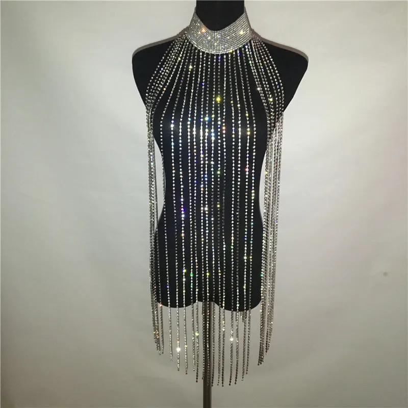 Złoto srebro Sparkle diamenty sukienki Rhinestone długi łańcuszek z chwostem luźne seksowne kobiety klub nocny Party Luxury Mini Dress 2022