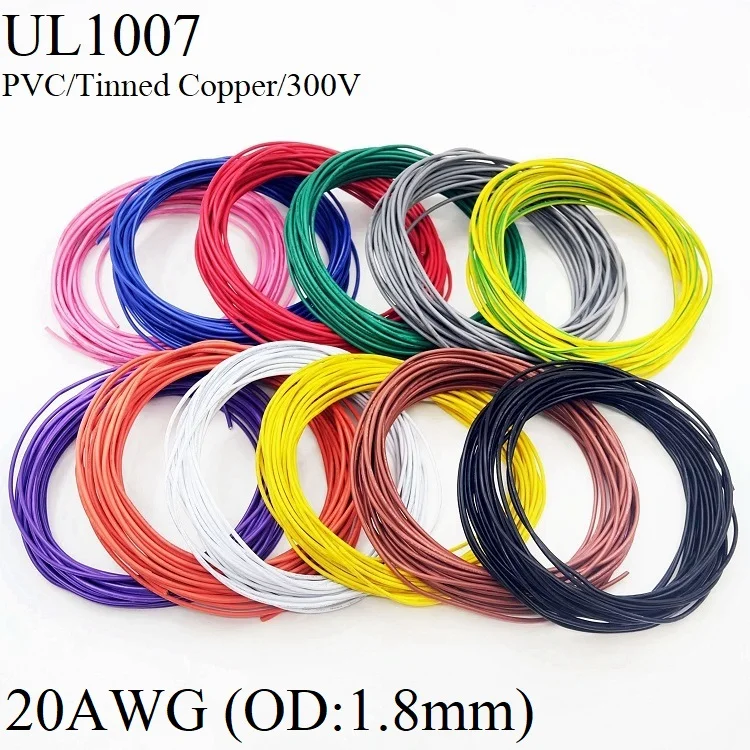 1M Electronic Wire 20AWG Copper Cable OD 1.8mm PVC Insulated Wire Lamp Lighting Cable Cord LED DIY Line Multicolor 300V UL1007