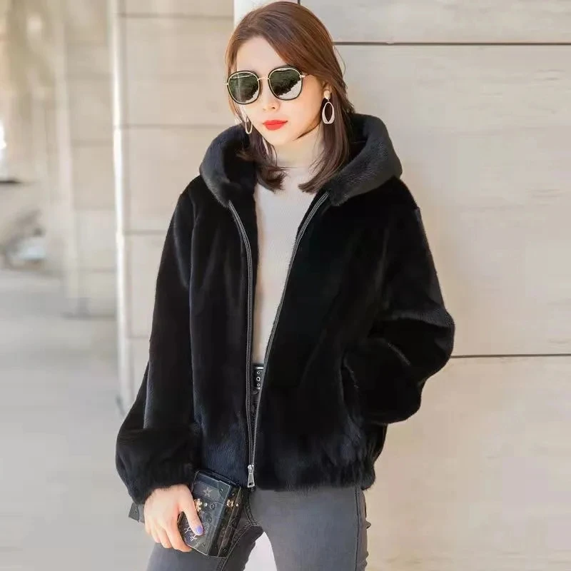 Women Winter Thick Warm Faux Fur Jacket Solid Zipper Hooded Imitation Mink Fleece Short Fur Coat Streetwear Plush Outerwear