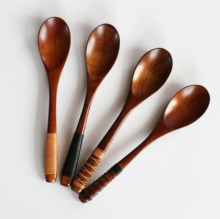 20*4cm Natural freshness wooden spoon Japanese-style tableware  long-handled wrapped line spoon handmade SN3764