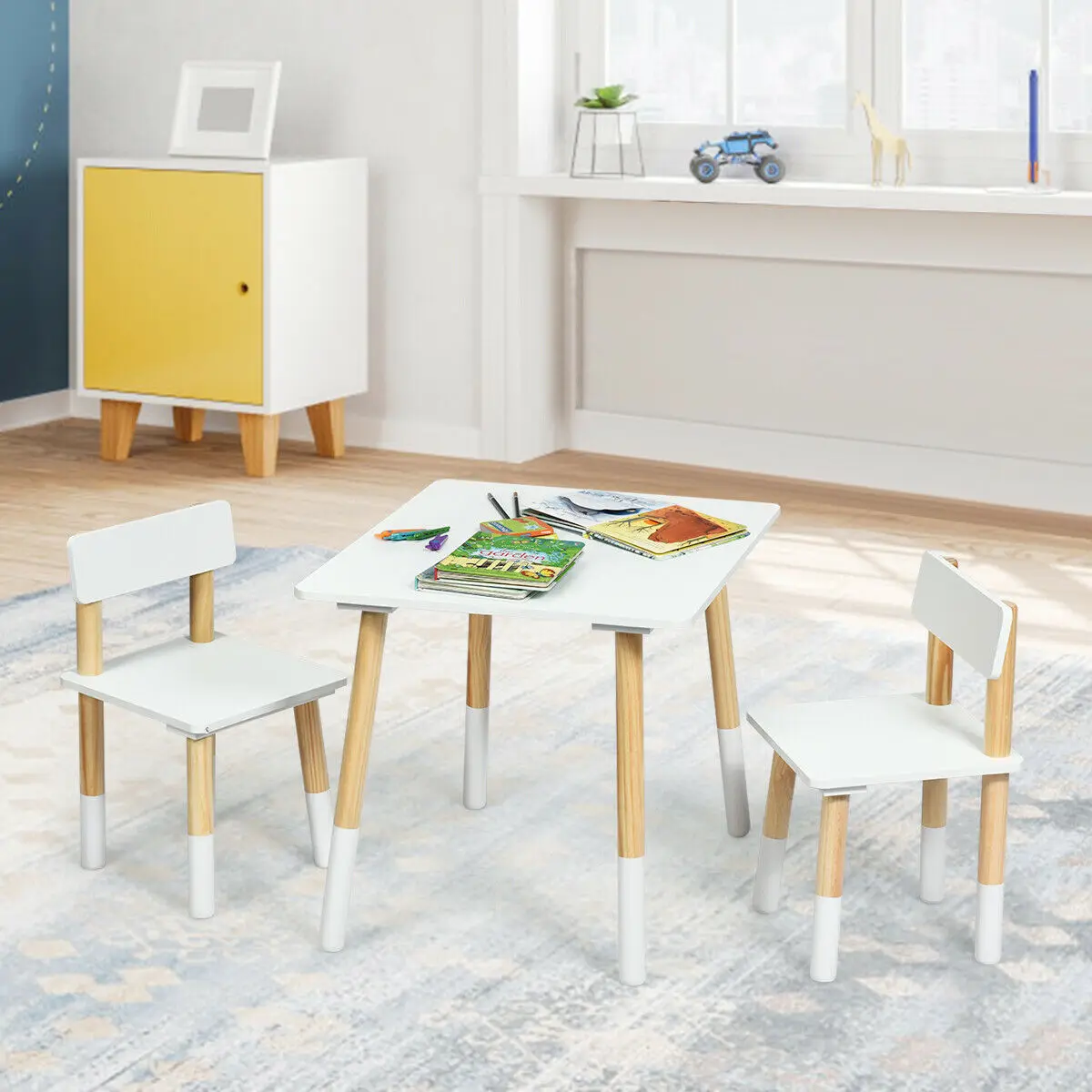 Kinderen Houten Tafel En 2 Stoelen Set Kinderen Activiteit Tafel Set Voor Spelen Eten HW64427WH