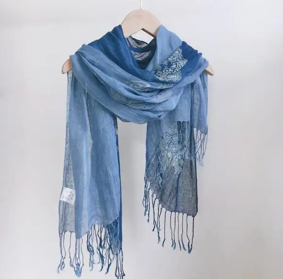 65x185cm Gradient Blue Color Linen Soft Scarves Women 100% Linen Scarf Summer Travel Sunscreen Long Shawl Elegant Women Hijab