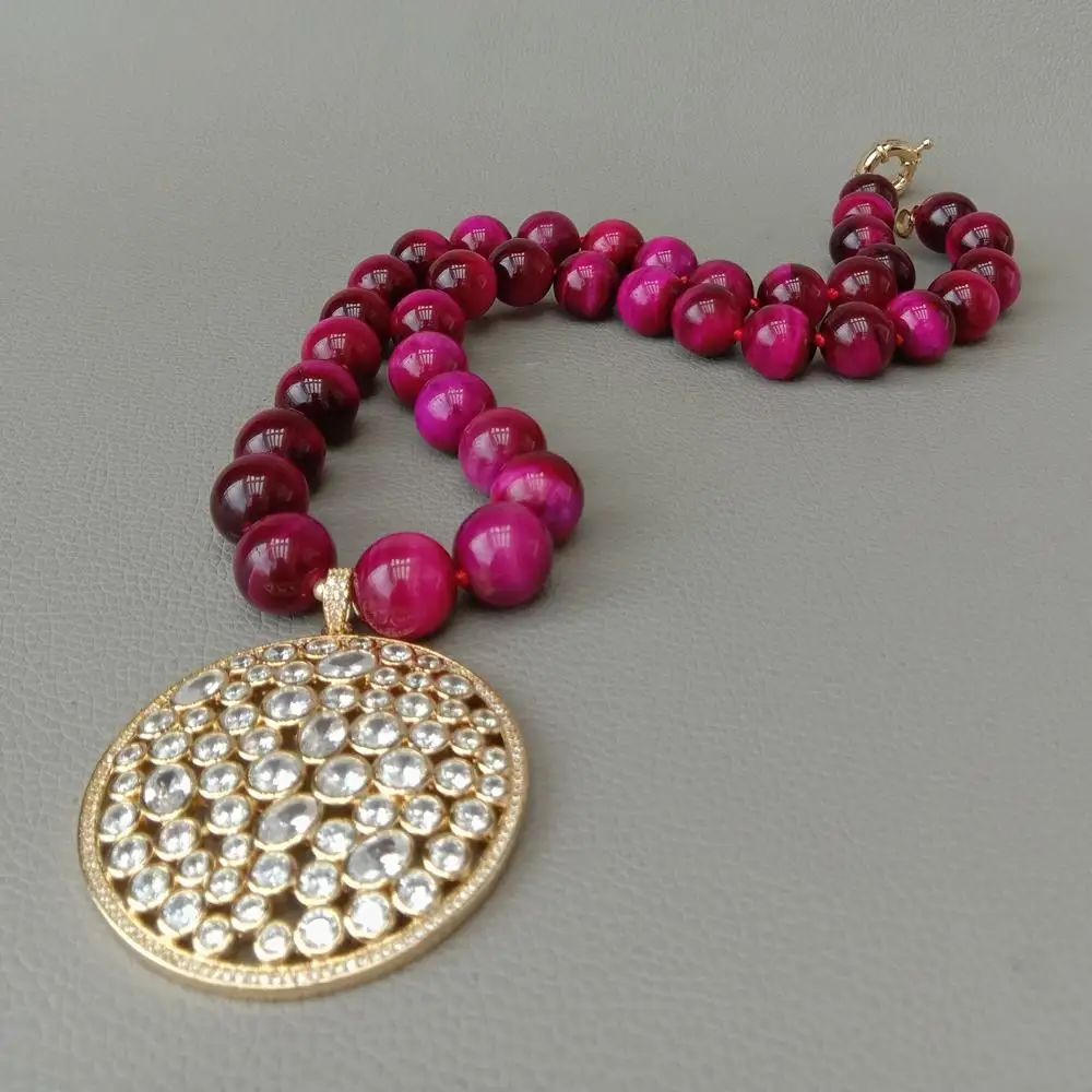 23'' 14mm Round Fuchsia Tiger Eye Necklace Gold color Plated CZ Pave Big coin Pendant necklace ethnic style for women