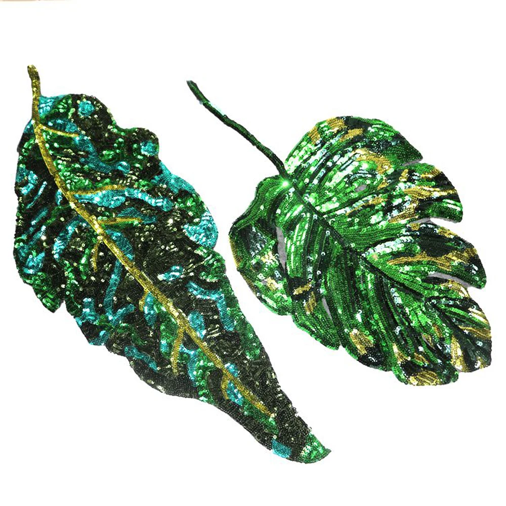 Large Size Sew On Sequins Fern Leaves Patches Beaded Plant Leaf Applique Patches For Clothing Appliques Parches Bordados Ropa